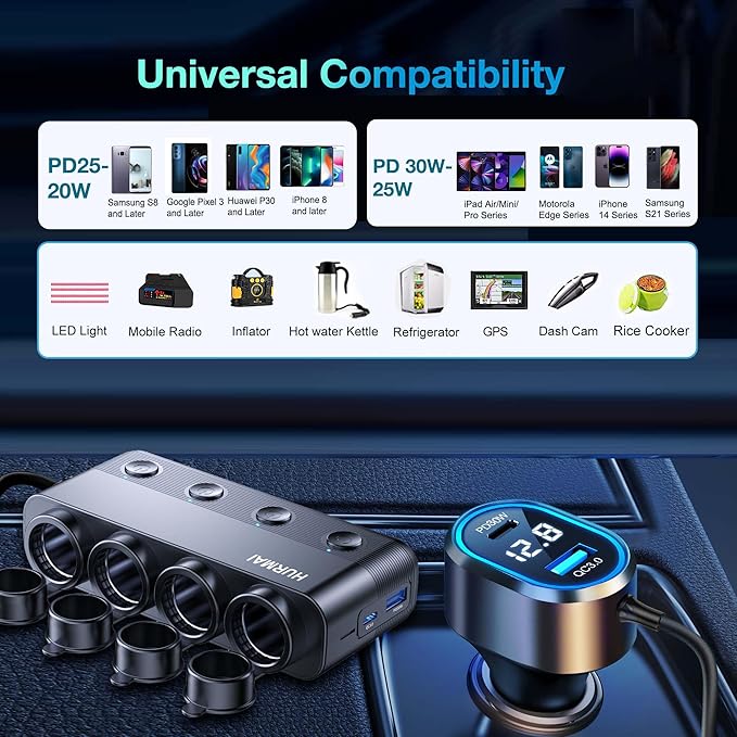 8 in 1 Cigarette Lighter Splitter, 264W 4 Socket Cigarette Lighter Adapter,Type-C QC3.0 PD 30W Charging, Heavy Duty Truck Car USB Chager Multi Plug Outlet 12V/24V Independent Switches, LED Voltmeter