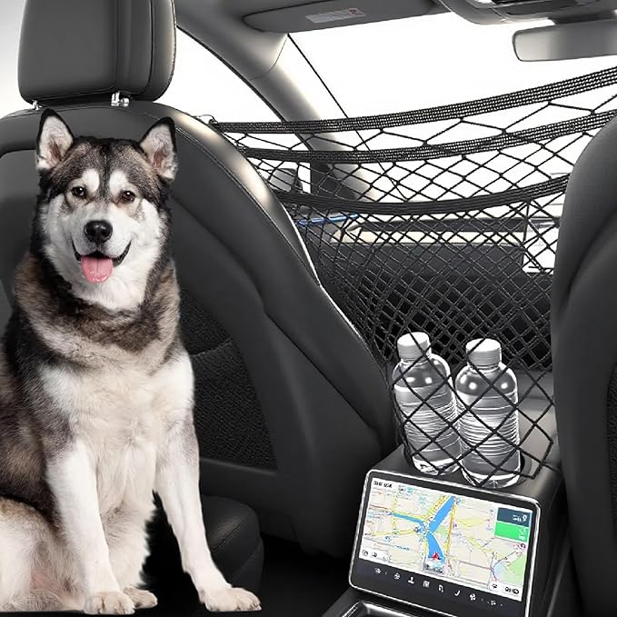 KVI Pet Car Barrier Mesh Net - Universal Fit for Cars/SUVs/Trucks, Tesla Model 3/Y/X Compatible Stretchable Storage Organizer Crash Tested Dark Black