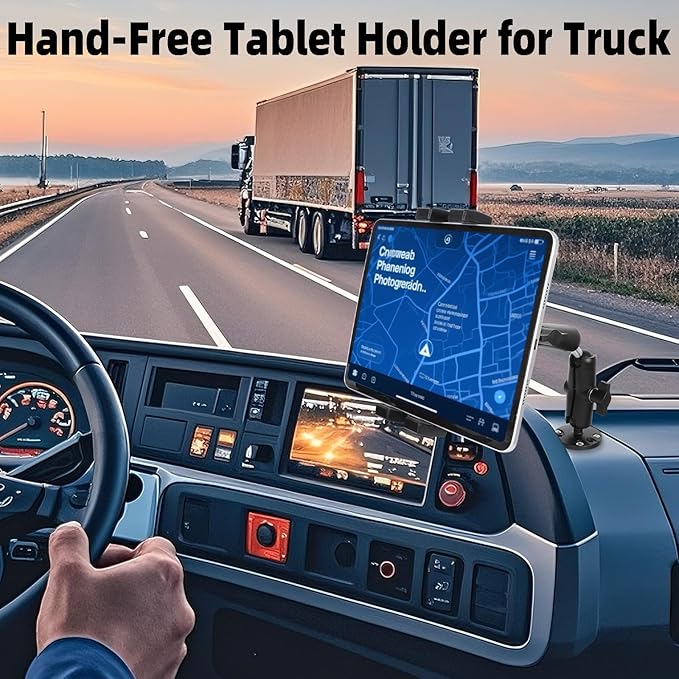 Dashboard Mount Tablet Holder for Truck, Heavy Duty Drill Base with Aluminum Arm Tablet Mount for Car, Wall, Boat, Desk, Compatible with iPad Pro Air Mini, 4.7-12.9″ Tablets and Phones (PTM-28)