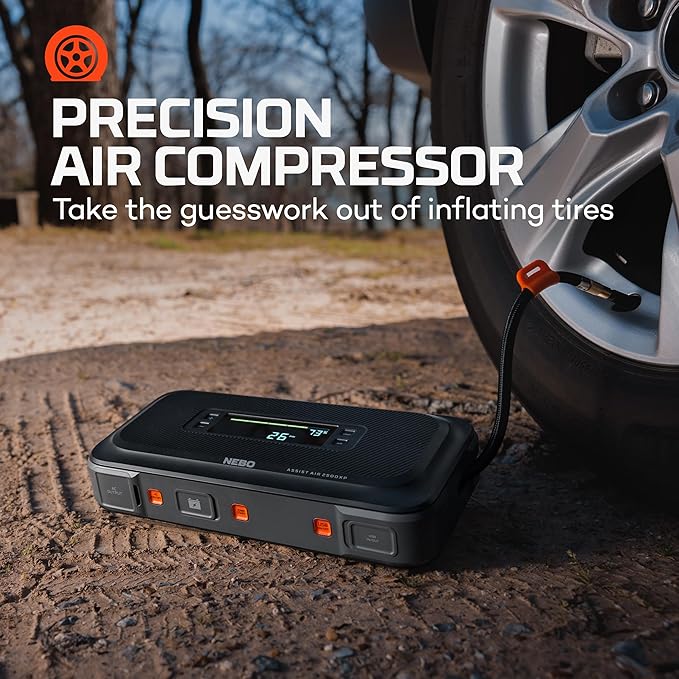 NEBO Assist Air 2500XP+ Jump Starter and Air Compressor | 4-in-1 2500 Amps Car Jump Starter, Air Compressor 150 PSI, Charger, and Floodlight, USB Compatible, Automotive, Emergency, Spark-Proof Safety