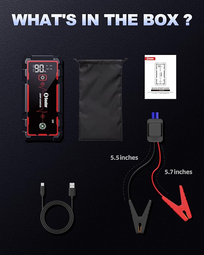 5000A Jump Starter Car Battery Jumper Starter Portable with Jumper Cable, Quick Charge Power Bank, 3 Modes Flashlight, Compass