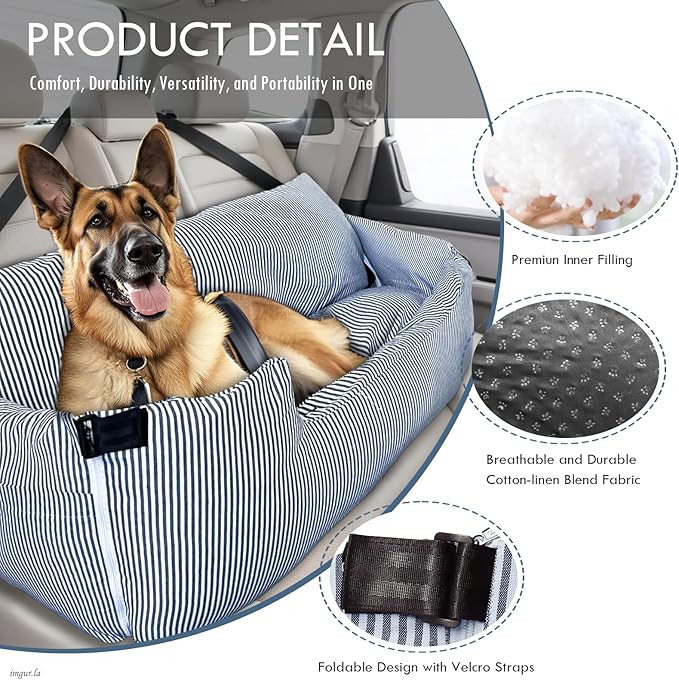 Dog Car Seat for Large Dogs,Dog Booster Seat Under 80lbs or 2 Small Dogs, Detachable Pet Seat with Safety Belt, Non-Slip Base, and Storage Pockets for Car Travel