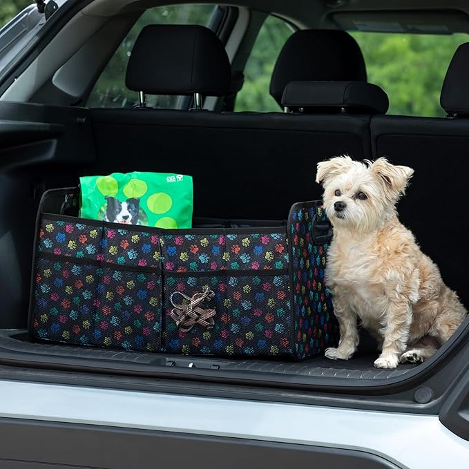 Paws Car Trunk Organizer Foldable Storage Bin with Handles Non Slip Base Pet Gear Travel Tote for SUV Truck (Confetti Paws)