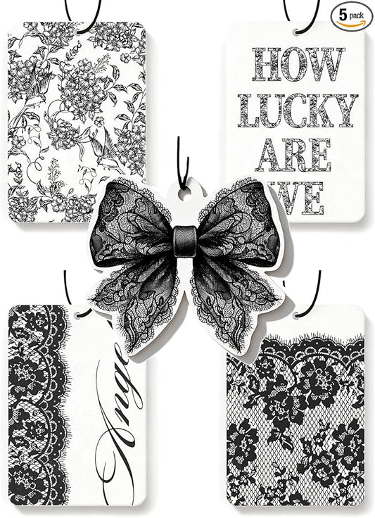 Car Air Freshener Cute Black Lace Bow Coquette Girly 5pcs Automotive Accessories Car Interior Hanging Scents Mirror Decor for Women Teen Girls