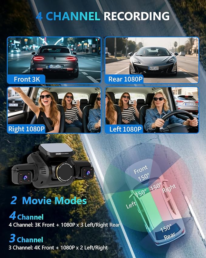 Dash Cam 4 Channel Front and Rear Inside, 360° Car Camera 4K UHD, Dash Camera for Cars Built-in Wi-Fi GPS, Dashcam Free 64GB Card, Voice Control, CPL Filter, WDR Night Vision, 24H Parking Mode(V8PLUS)