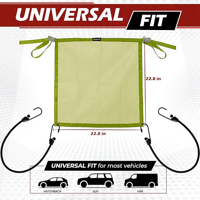 Universal Dog Car Net Barrier – Sturdy Mesh, Easy Install, Breathable Design, Easy to Clean, Flexible Bungee Cords for Adjustable Fit 23"×23" (Light Green)