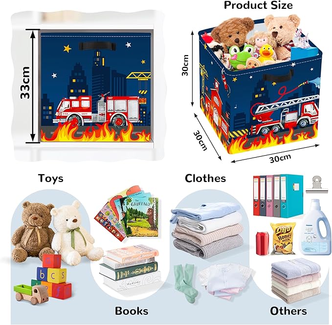 Clastyle Cars Kid Storage Cube Organizer Set Closet Clothes Cube Storage Bin Nursery Toddler Toy Box Chest Girl Boy Book Shelf Basket,‌Fire Truck,11.8x11.8x11.8 in