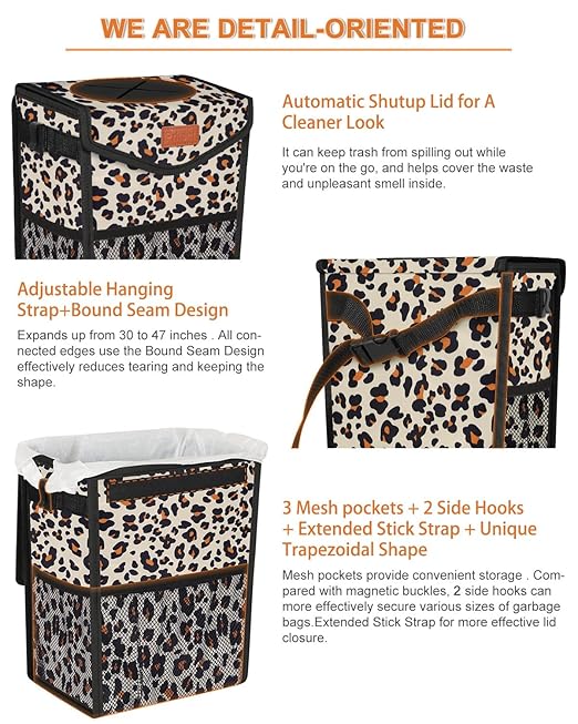Car Trash Can with Lid, Cute Leakproof Car Trash Garbage Bag Hanging Vehicle Trash Bin Small Portable Automotive Garbage Cans Organizer for Back/Front Seat(Trapezoid,Leopard
