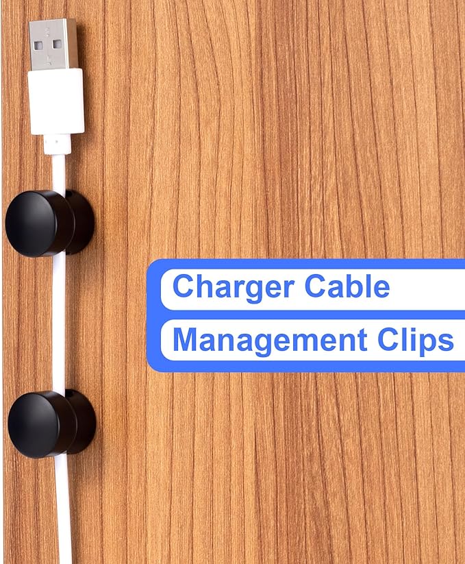 SmallCat 5 Sets Charger Holders for Cords, Matte Black Color Adjustable Cable Anchor Holders, Adhesive Metal Cord Clips, Cable Management Wire Organizers for Desk, Office, Nightstand