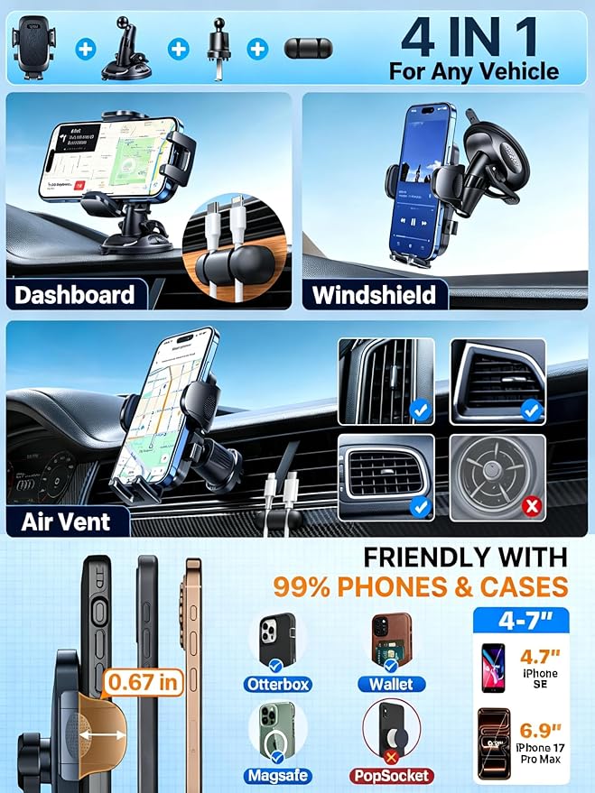 [Military-Grade Anti-Shake & 360° Rotatable Suction] 2026 Upgraded Car Phone Holder Mount【90+LBS Safest Strongest & Patent Certs】Dashboard Windshield Vent for iPhone 17 16 Pro Max Samsung,Matt Black