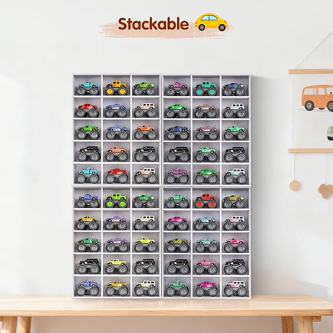 2 Pack Trucks Display Shelf, 15 Slot Toy Cars Display Case, Wall Mounted Toy Truck Storage Organizer Holder, White