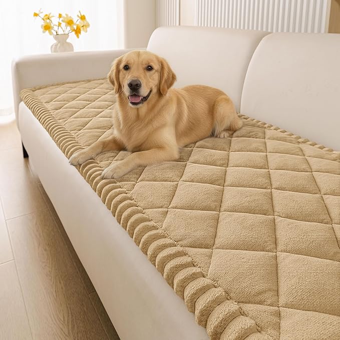 Smiry Fuzzy Couch Cover for Dogs, Non Slip Washable Pet Sofa Cover, Scratch Proof Hair Resistant Plush Sofa Slipcover, Pet Friendly Couch Cushion Protector for Cat, Camel, 27.6" x 47"
