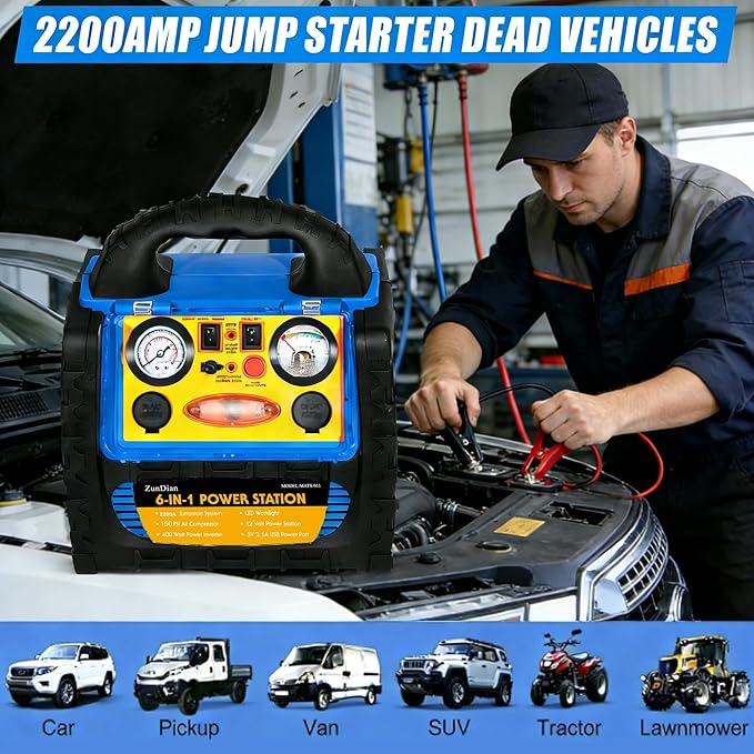 2200A Car Battery Jump Starter with Air Compressor 260PSI,12V Heavy Duty Jump Box (8.0L Gas/6L Diesel), Jump Box Power Pack with USB/DC Output and LED Light