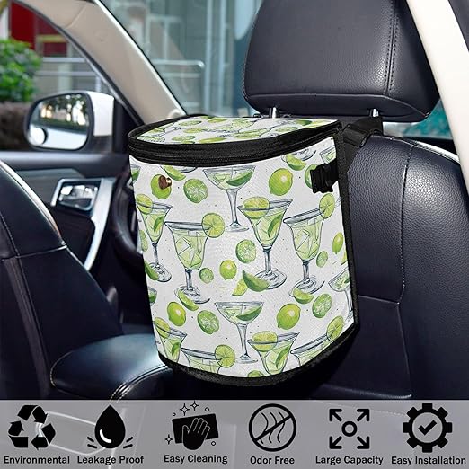 Car Trash Can Lemon and Margarita Alcohol Cocktail Car Garbage Bag with Lid Hanging Waterproof Leak Proof Vehicle Storage Bin