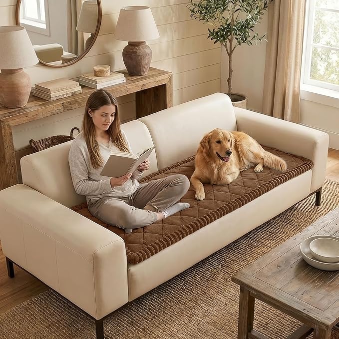 Smiry Fuzzy Couch Cover for Dogs, Non Slip Washable Pet Sofa Cover, Scratch Proof Hair Resistant Plush Sofa Slipcover, Pet Friendly Couch Cushion Protector for Cat, Brown, 27.6" x 88"
