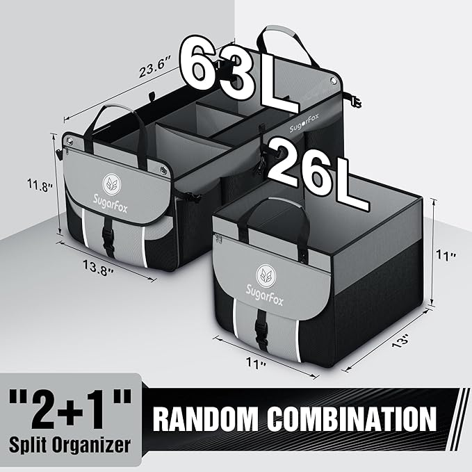 Car Trunk Organizer for SUV - 63L+26L Modular Storage, Heavy-Duty, Foldable Waterproof, Soft & Hard Covers, Non-Slip, Multi-Compartment, Black M006
