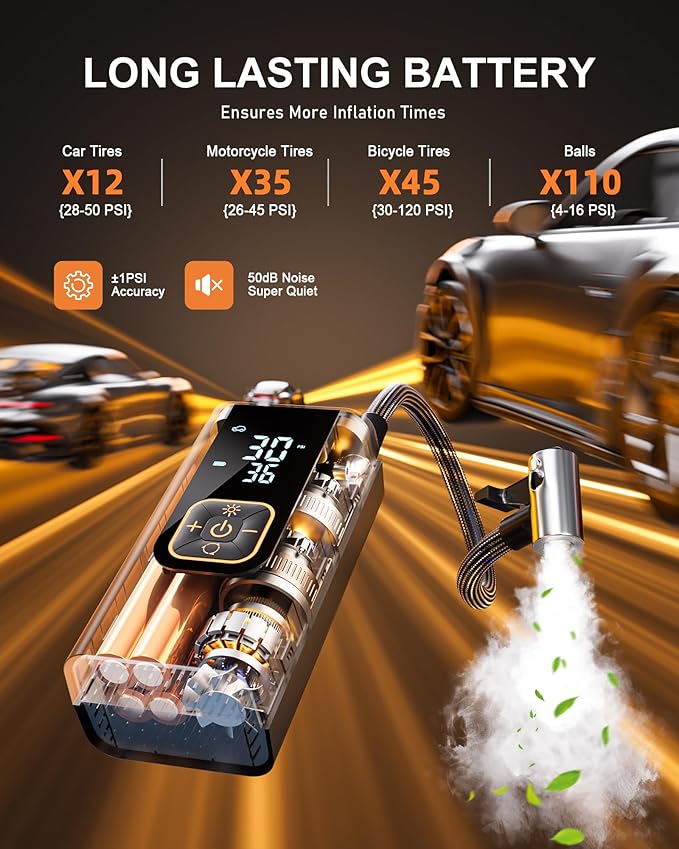 180PSI Tire Inflator Portable Air Compressor, 6X Faster Air Pump for Car Tires with Digital Pressure Gauge, 12V DC Adapter, LED Light, Portable Tire Inflator for Car, Motorcycle, Bike,Silver