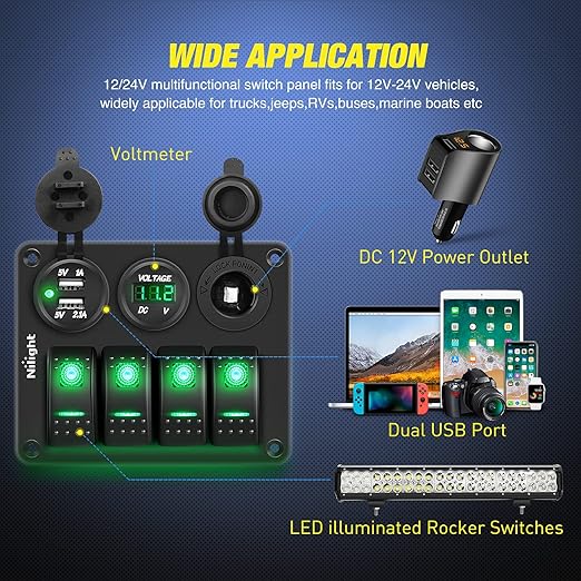 Nilight 4Gang Rocker Switch Panel with USB Charger Voltmeter and Cigar Lighter 12V 24V Toggle ON Off Green Night Glow Stickers for Cars Rvs Trucks