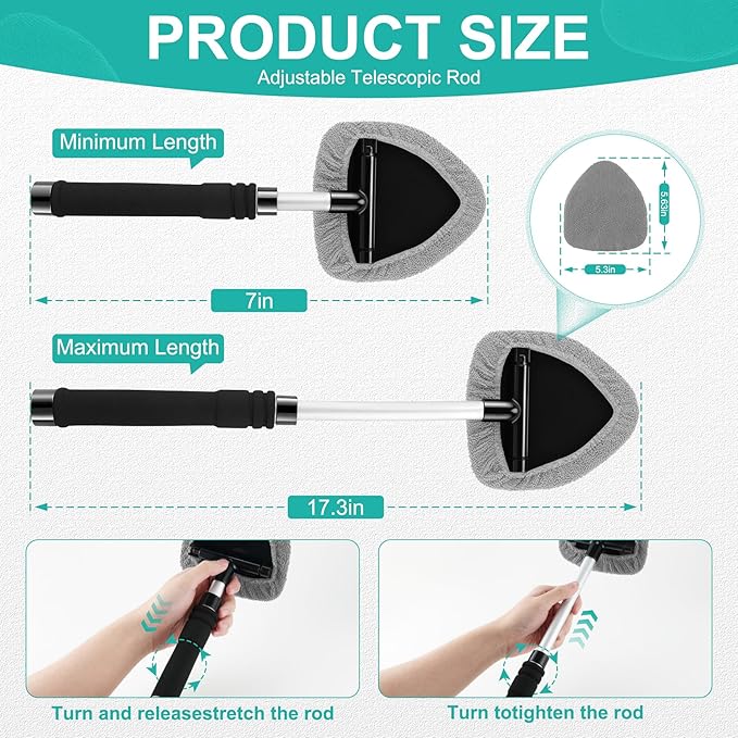 JUSTTOP Windshield Cleaner Tool, Car Interior&Exterior Window Cleaning Tool with Extendable Handle & 4 Reusable Microfiber Pads, Auto Glass Wiper Brush Kit for Cars (Grey)