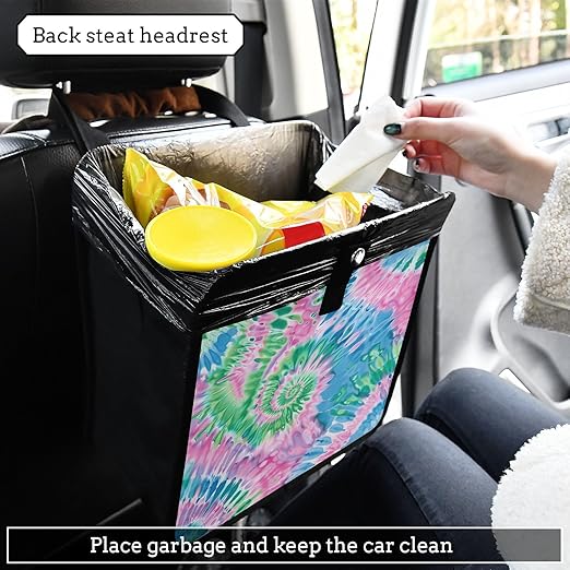 Car Trash Can Organizer Bin with Adjustable Strap for Back Front Seat Console Waterproof Leakproof Collapsible Portable 11 Inch Tie Dye Blue Green Pink