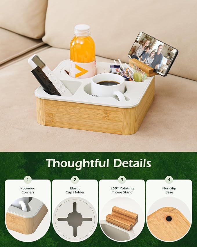 Couch Cup Holder Tray, Bamboo Couch Caddy with Rotatable Phone Holder for Bed Organizer, Waterproof Anti-spill Sofa Cup Holder for Snacks Beverage Remote White