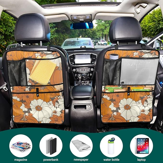 Thanksgiving Pumpkins Flowers Orange 2 Pack Backseat Car Organizer with Storage Pockets Seat Back Organizers for Kids Kick Mats Backseat Protector Automotive