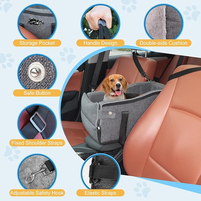 Center Console Dog Car Seat for Small Dogs Up to 12lbs, Detachable Armrest Pet Car Seat, Portable Middle Console Dog Booster Cars Seats with Adjustable Straps & Storage Pocket (Dark Grey)