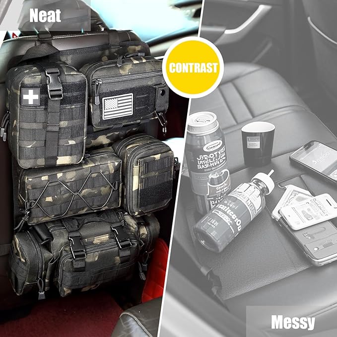 Tactical Car Seat Back Organizer, 2025 Upgrade Tactical Vehicle Panel Organizer with 5 Detachable Molle Pouch for Car Truck Ford Jeep Vehicle (Dark CM)