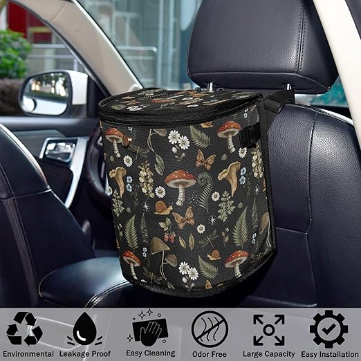 Mushrooms Car Trash Can Vintage Flower Butterfly Dragonfly Car Garbage Bag with Lid Hanging Waterproof Leak Proof Vehicle Storage Bin
