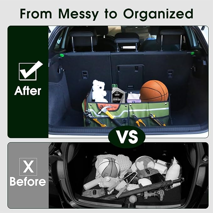 Trunk Organizer, Heavy-Duty Storage for Car & SUV, Foldable Waterproof Car Organizer with Cooler, Collapsible Multi-Compartment Storage, 95L-M003 (Standard Green, Standard)