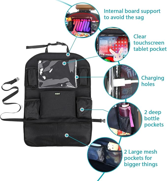 PIDO Car Seat Organizer for Backseat, Back Seat Organizer for Kids with Touch Screen Tablet Holder and 8 Pockets, Car Travel Accessories, Road Trip Essentials for Kids, 2 Pack