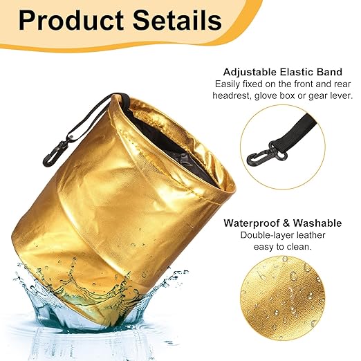 HARFINGTON 3 Packs Car Trash Can 0.9 Gallon Foldable Leak-Proof Garbage Organizer Portable Hanging Waterproof Truck Trash Bins for Van Automotive Vehicle Front Seat, Gold