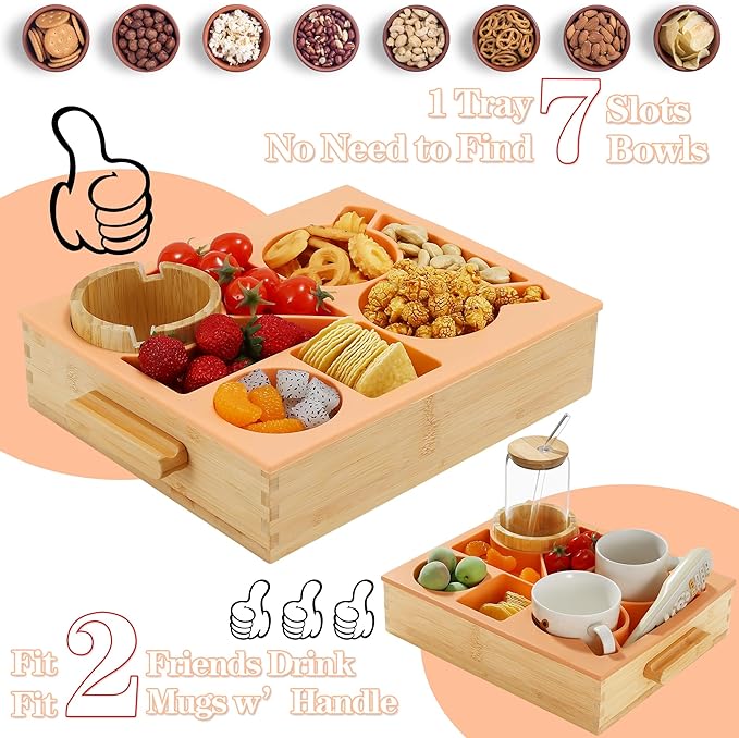 Nnewvante Snack Cup Couch Caddy, 8 in 1 Divided Serving Tray with Handle for Sofa Bed RV Car Organizer Caddy Movie Night Snack Trays, Bamboo and BPA Free Silicone, Peach