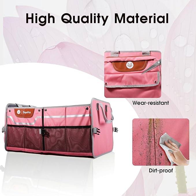 Car Trunk Organizer for SUV, 70L Heavy Duty Waterproof Trunk Organizer, Foldable Vehicle Organizer with Anti-Slip Base, 24”x13.8”x11.8”, Pink-M003