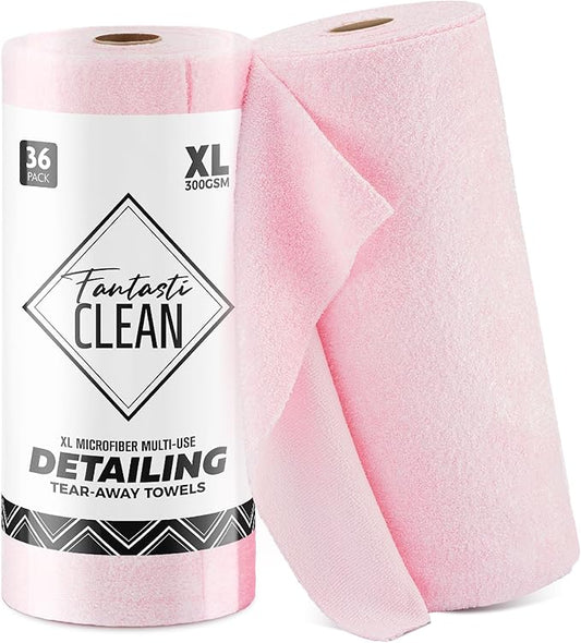 Fantasticlean XL Tear-Away Microfiber Cleaning Cloth Roll, 16'' by 16''- 36 Sheets, Thick & Large Detailing Towels, Ultra Absorbent, Lint-Free Reusable Wipes for All-Around Cleaning (Glossy Pink)