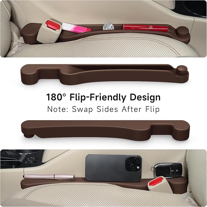 Car Seat Gap Filler Set of 2, 3IN1 Seat Side Gap Filler Plug with Storage Slot & Hook Function, Soft Foam Universal Fit Car SUV Truck Fill Gap Between Seats Console Organizer（Standard Brown）