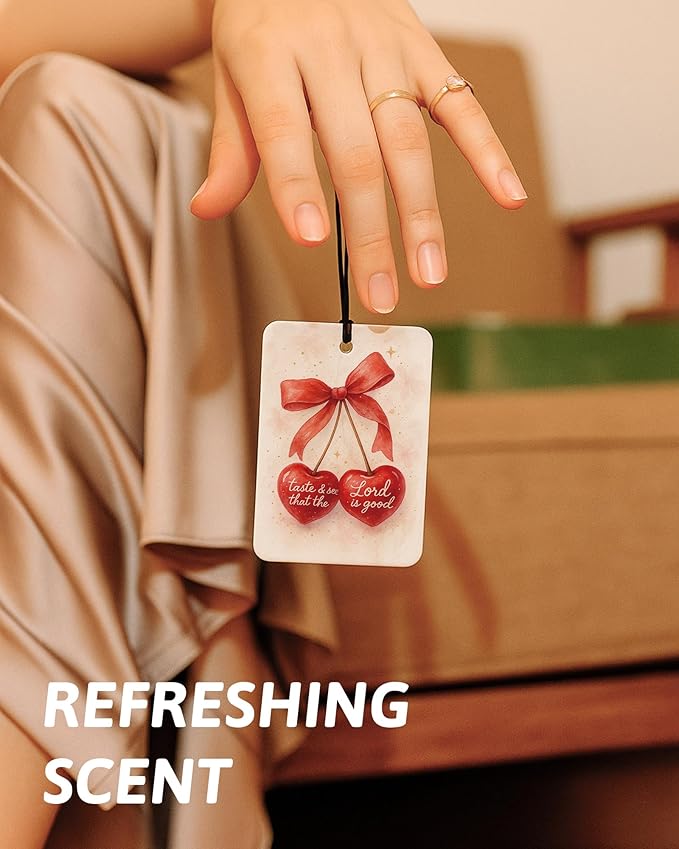 Red Coquette Bow Cherry Christian Car Air Freshener 4 Pcs, Girly Preppy Floral Religious Hanging Air Freshener for Cars Closet Drawer Books, Christian Car Accessories Mirror Decor for Women
