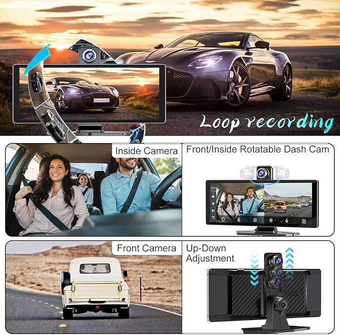Carplay Screen for Car,10.26" HD Car Stereo for Apple Carplay & Android Auto -with Rotatable 4K Dash Cam & HD Backup Camera, Dual Front/Inside Recording, GPS Navigator for Cars,Trucks