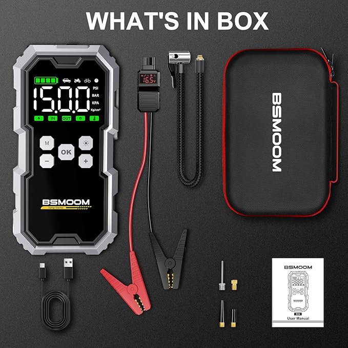 Jump Starter with Air Compressor, 7000A 26800mAh 150PSI Portable Car Battery Jump Starter (All Gas/10.0L Diesel), Jump Box Portable Jumper Cables with 3.4" LCD Display, 2 Lights