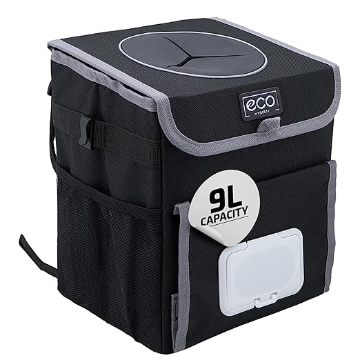 Eco Hygieia Leakproof Car Trash Can - Portable Hanging Car Garbage Can with Adjustable Elastic Strap, Wipes & Tissue Box Holder, Spillproof Opening, Mesh Pockets, Waterproof Lining