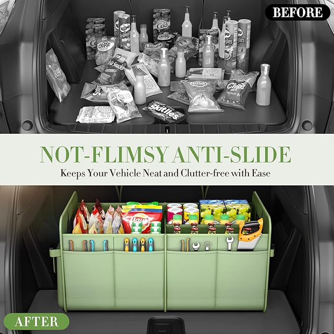 Trunk Organizer For Suv & Sedan,Car Organizers and Storage, Waterproof Collapsible & Adjustable Straps,75L Sturdy Car Organization for Car Accessories, Tools,Sundries,2-3Compartment（Green