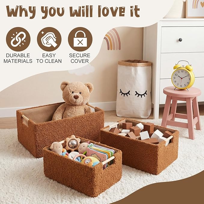 3 Pack Baby Diaper Caddys Organizer 3 Size Brown Baby Changing Basket Sherpa Fleece Diaper Storage Baskets Soft Plush Toy Bins BabyShower Gift for Nursery Car Portable Changing Table