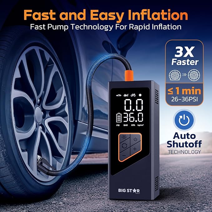 Portable Tire Inflator Air Compressor 150 PSI - Digital Gauge Auto Shut-Off LED Light for Car SUV Motorcycle Bike Balls - Fast 12V DC Pump w/ 10ft Cord (Big Star Trading)