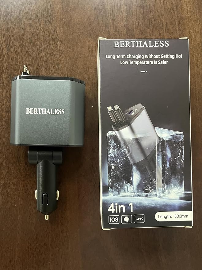 BERTHALESS Retractable Car Charger, 4 in 1 Fast Charging Car Charger with USB-C & USB-A, Compatible with iPhone 17/16/15/14/13/12/11,Galaxy,Pixel, Car Accessories for Men Women Drivers