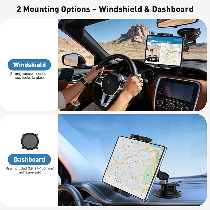 Heavy Duty Aluminum iPad Suction Mount for Truck Car, Anti-Shake Dashboard Windshield Tablet Holder, Thick Case Friendly, Fits 4.7-12.9" iPad Pro 12.9 Air Mini Samsung, 360° Rotation Off-Road Aviation
