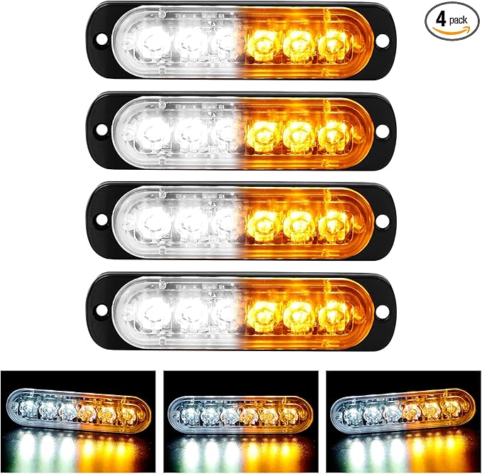 SEISSO 4-Pack 6 LED Sync Feature Amber Strobe Lights Vehicles Trucks Emergency Lights Kit 12V -24V Warning Hazard Flash Lights Bar Grill Grille Surface Mount Super Bright Waterproof, Amber/White