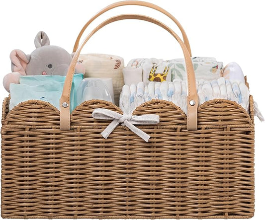 HBlife Baby Diaper Caddy Organizer, Portable Scalloped Plastic Wicker Woven Basket with Divider, Nursery Diaper Station, Baby Shower Gifts Basket, Car Organizer, Washable Waterproof