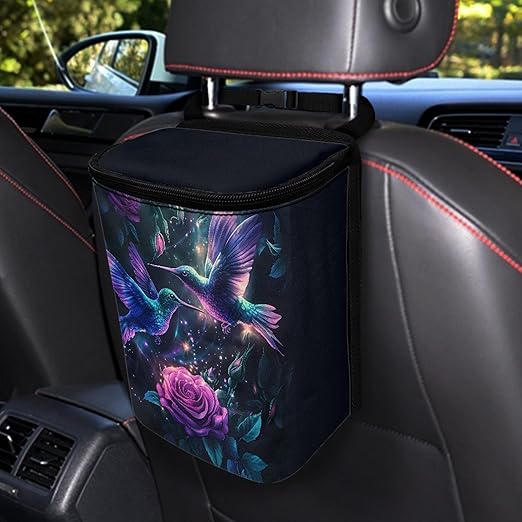 Hummingbird Car Trash Can with Lid Garbage Bag Dustbin Container Purple Rose Waste Basket Storage Pocket Hanging Large Capacity Vehicle Trash Bin