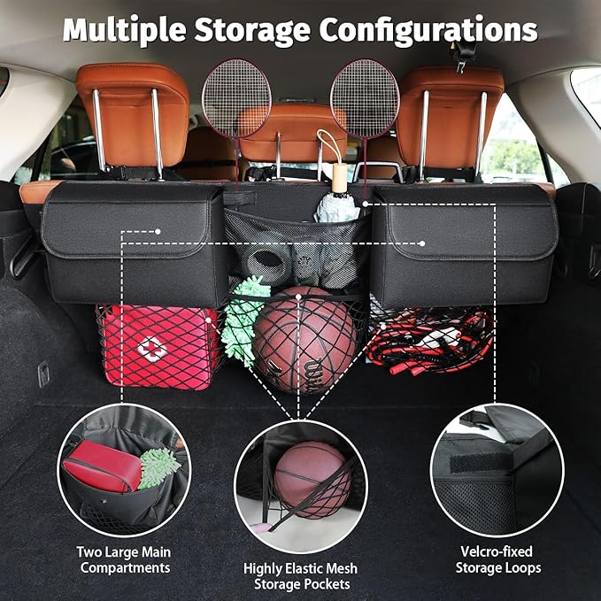 Deluxe Trunk Organizer for Car Small SUV, Backseat Hanging Trunk Organizer, Waterproof Collapsible Car Storage Bag with 6 Pockets, Reinforced No-Sag Design (Black)