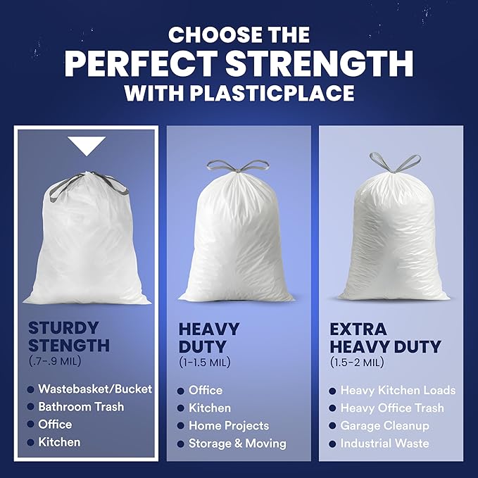 Plasticplace 4 Gallon White Drawstring Trash Bags,– 0.7 Mil Leak-Proof Garbage Liners for Small Trash Can,Bathroom,Kitchen,Office,and Car Use,200 Count (Pack of 2)